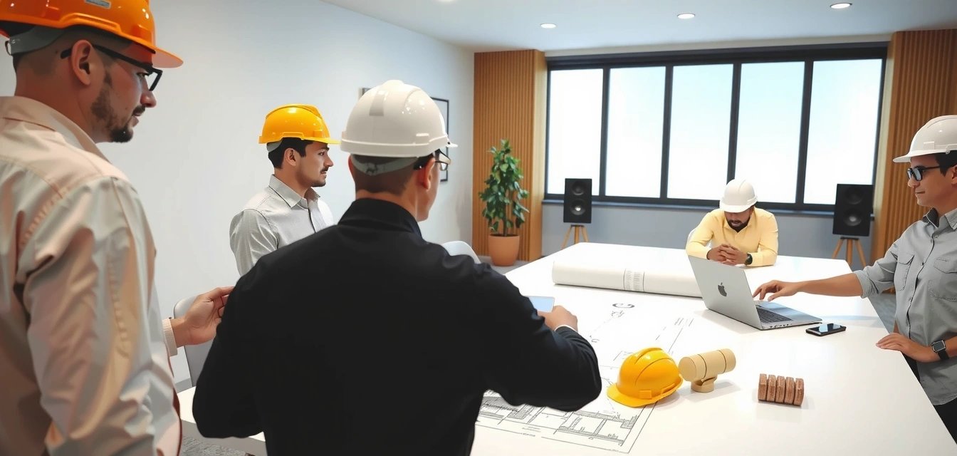 Construction team meeting with blueprints and project plans