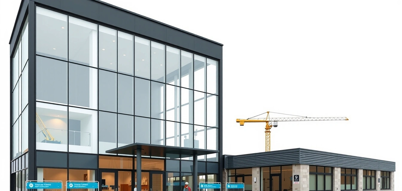 Modern construction office building with glass facade