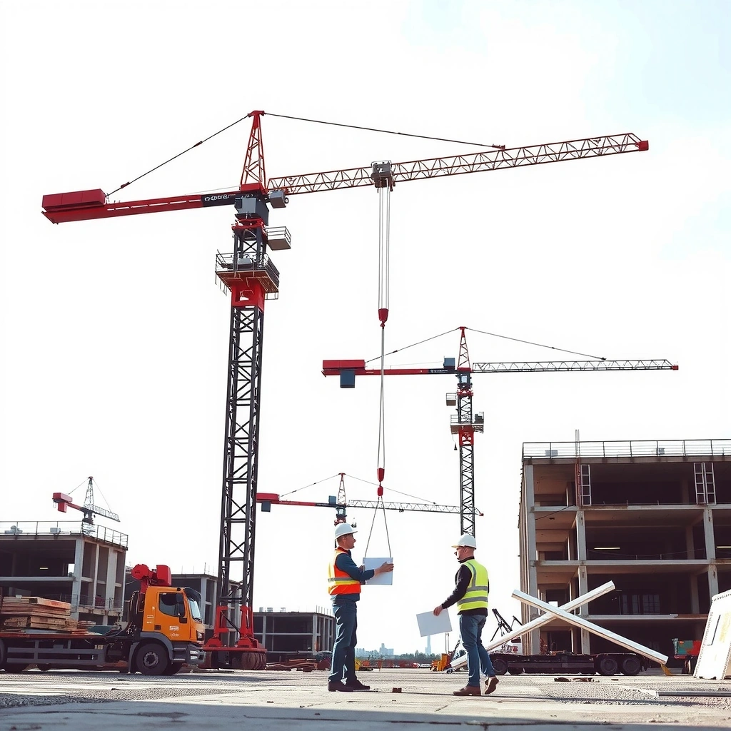 Professional construction site with workers and modern building equipment